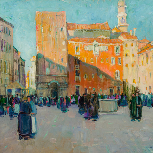 JANE PETERSON (1876–1965), "Campo Santa Margherita, Venice," c. 1920. Oil on canvas, 24 1/2 x 29 1/2 in. (detail).
