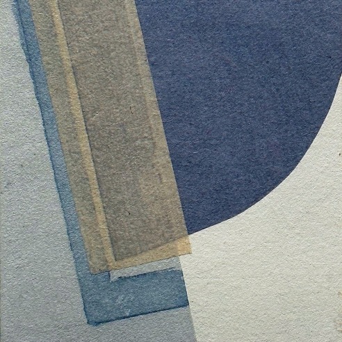 a small paper collage by Nicol Allan with a blue curve against a tan and blue rectangle on a bisected field of cream and gray