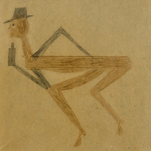 BILL TRAYLOR (1854–1949), "Flat-Backed Drinker (Drunken Chicken Walk)," c. 1939–42. Colored pencil and pencil on cardboard, 9 3/4 x 8 in. (detail).