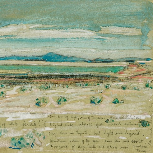 CHILDE HASSAM (1859–1935), "Malheur Lake, Eastern Oregon," 1908. Watercolor, pastel, crayon, and Chinese white on paper, 7 x 10 in. (detail).