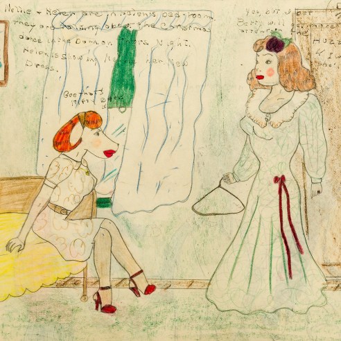 a drawing by self-taught artist Mary P. Corbett of two of her "The Catville Kids" getting dressed in a bedroom, one of the young women is dog-faced