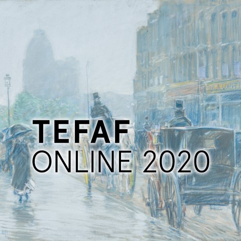 TEFAF Online 2020 logo superimposed over a ghosted image of CHILDE HASSAM (1859–1935), A Wet Day on Broadway, 1891. Pastel on paper mounted to fine-weave linen, 18 x 21 7/8 in. (detail).