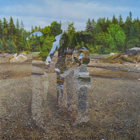 A landscape by Colin Hunt showing rocks and trees and hidden figures 