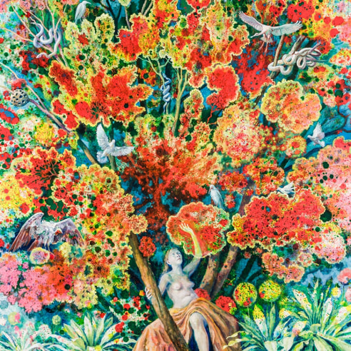 a painting by Julie Heffernan of a woman in a large gold skirt, straddling a tree trunk whose branches contain abstract flowers and birds