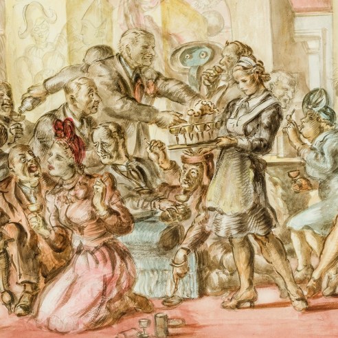 REGINALD MARSH (1898–1954), "Cocktails—5 to 7," 1940. Watercolor and pencil on paperboard, 26 1/2 x 40 in. (detail).