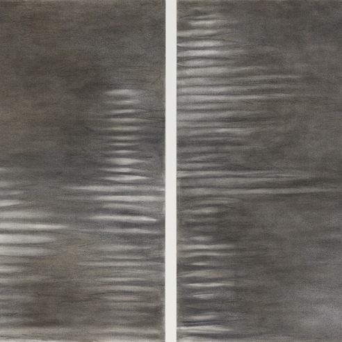 a diptych of abstract drawings by Elizabeth Turk of white discs stacked on top of each other