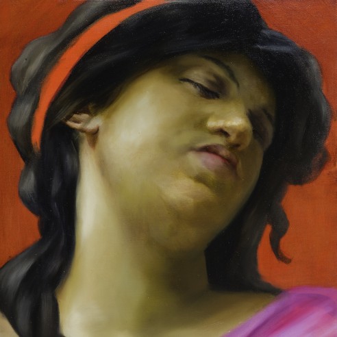 a high-key color, painting by Angela Fraleigh of a woman with eyes closed 