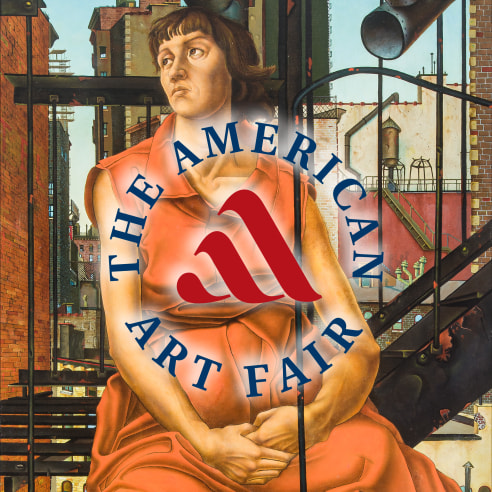 JULES KIRSCHENBAUM (1930–2000), "Without the Hope of Dreams," 1953. Oil on canvas, 84 1/8 x 36 1/8 in. (detail); with circular logo of The American Art Fair overlaid on it.