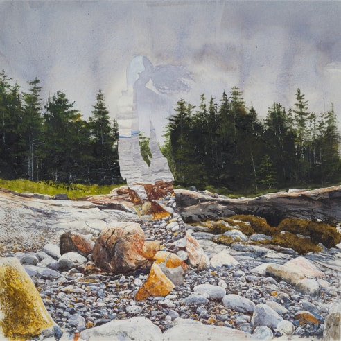 Study in watercolor by Colin Hunt, showing a figure against a background of sky, trees and pebbles