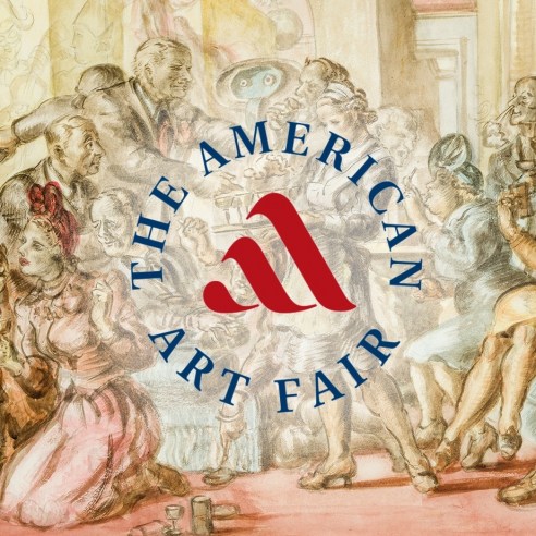 REGINALD MARSH (1898–1954), "Cocktails—5 to 7," 1940. Watercolor and pencil on paperboard, 26 1/2 x 40 in. (detail). with overlay of circular logo for "The American Art Fair."