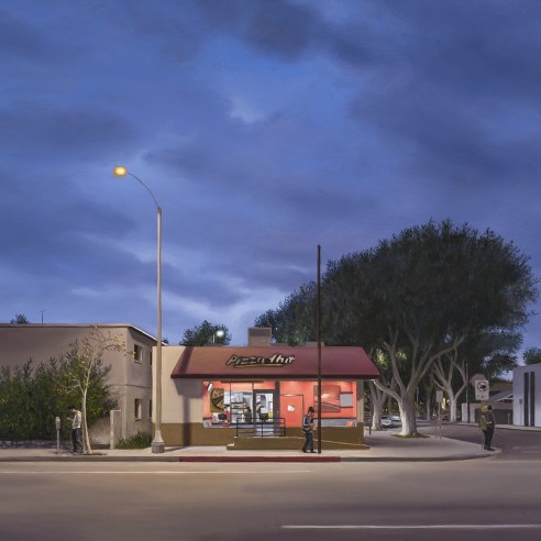 a highly realist painting by Marc Trujillo of fast food restaurant on a corner just after sunset