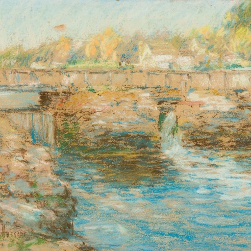 CHILDE HASSAM (1859–1935), "The Mill Dam, Cos Cob," 1902. Pastel on paper, 8 1/8 x 10 7/8 in. (detail).