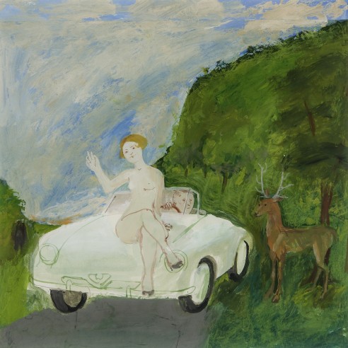 Honoré Sharrer (1920–2009), "Nude on Car / Man / Stag." Casein on paper, 16 x 16 1/2 in. (detail).