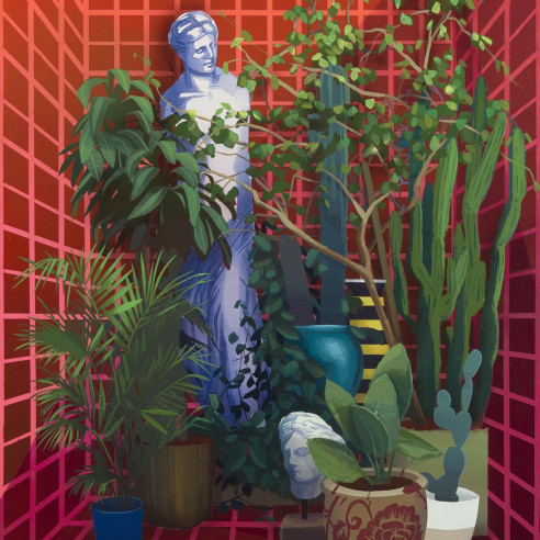 a painting by Robert Minervini of a plants, cactii and Greek sculpture in a futuristic, red niche