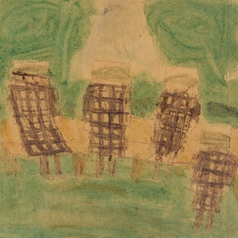 James Castle (1899–1977), "Untitled (Five Sisters in Purple)." Soot, spit, and color pigment on found paper 9 1/4 x 11 in. (detail).