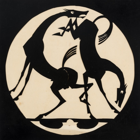 Hunt Diederich, Two Horses (tondo). Paper cutout, 8 x 8 in.