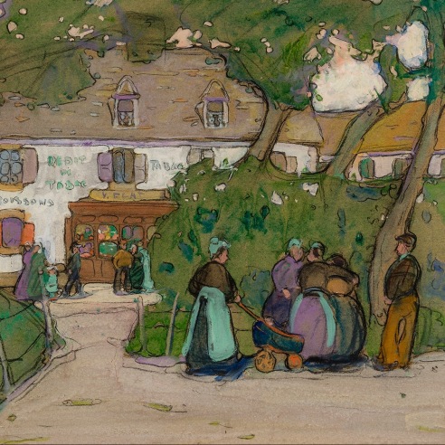 Jane Peterson (1876–1965), "Village Gossips, Brittany," c. 1908–10. Gouache on paper, 18 x 23 1/2 in. (detail).