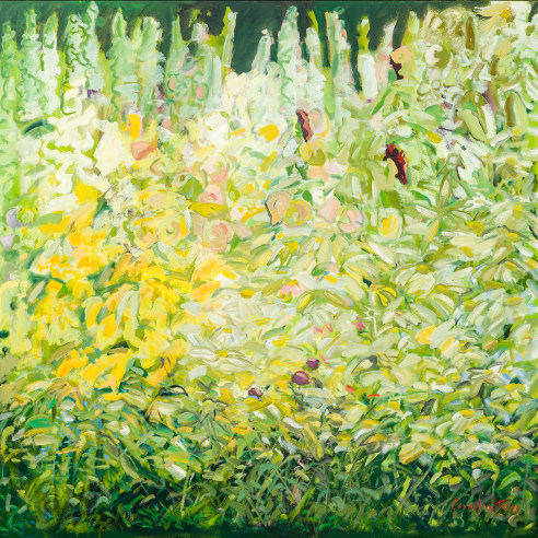 Cornelia Foss (b. 1931), "Hollyhocks and Foxgloves," 2019. Oil on canvas, 48 x 48 in.