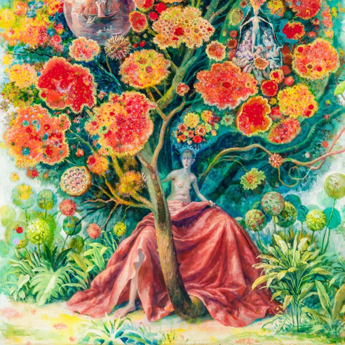 a painting by Julie Heffernan of a woman in a large red skirt, straddling a tree trunk whose branches contain abstract flowers and scenes from art historical paintings