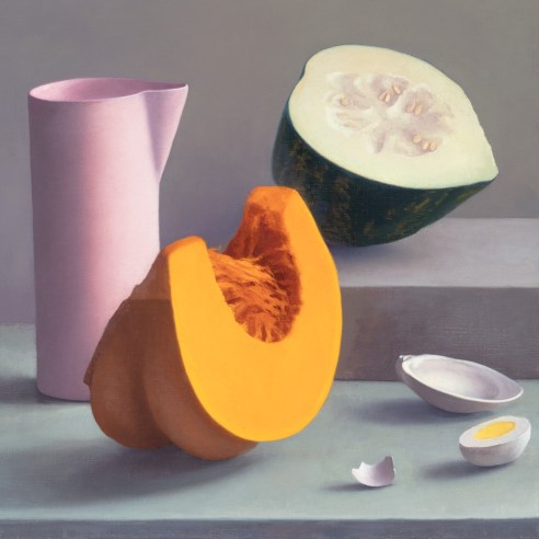 a still-life painting by Amy Weiskopf of an orange melon and green melon, with an egg, empty oyster shell and a pink pitcher