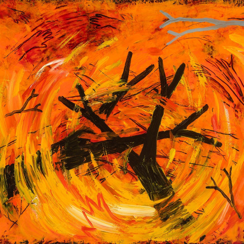 an expressionistic painting by Louisa Chase of two black trees in a swirl of fire