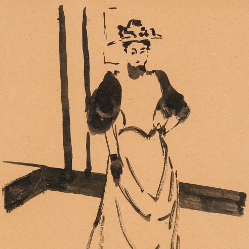 ROBERT HENRI (1865–1929), "Lady in Interior," c. 1892–94. Ink on brown paper, 10 1/2 x 8 1/2 in. (detail).