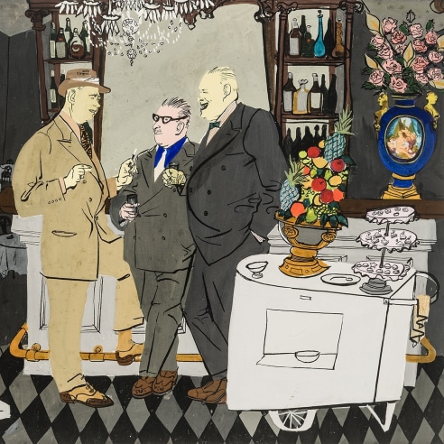 HONORÉ SHARRER (1920–2009), "Bars and Eating Places Are Ideal Spots," 1947. Casein and ink on paper, 15 x 20 in. (detail).