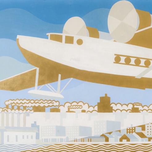 WINOLD REISS (1886–1953), "City of the Future (Transportation)," 1936. Mural panel from Longchamps Restaurant, 1450 Broadway at West 41st Street, New York Oil, gold leaf, and gold paint on canvas, 56 1/2 x 182 in. (detail).