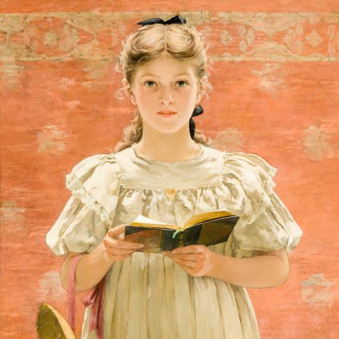 WALTER MACEWEN (1860–1943), "Girl Standing with Book," 1900–20. Oil on canvas, 34 1/2 x 24 in. (detail).
