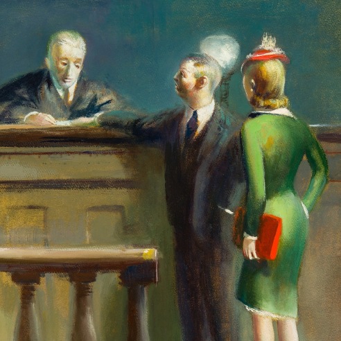 GUY PENE DU BOIS (1885–1958), "At the Bench," 1947. Oil on paper board mounted on Masonite, 25 1/2 x 19 in. (detail).