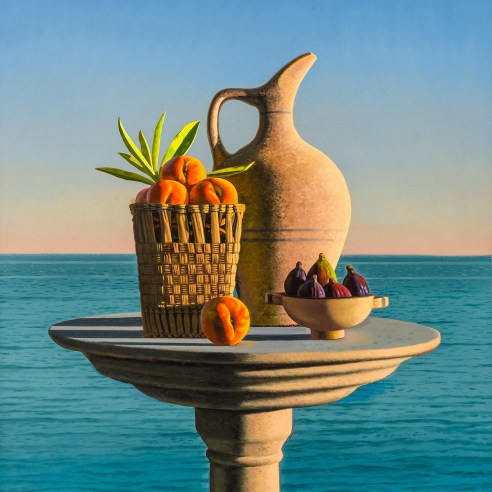 a tabletop still life of peaches, figs and a ceramic pitcher by calm ocean water