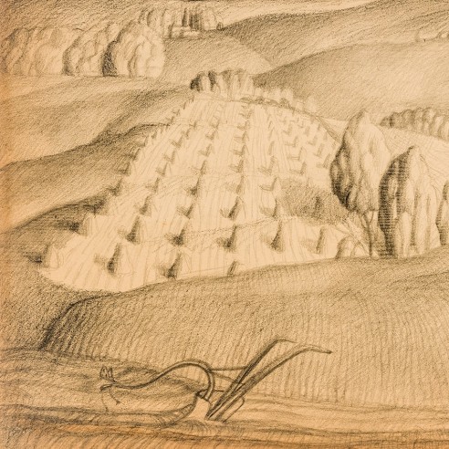 GRANT WOOD (1891–1942), "Study No. 1, Fall Plowing," 1931. Charcoal and pencil on paper, 10 3/4 x 14 in. (detail)