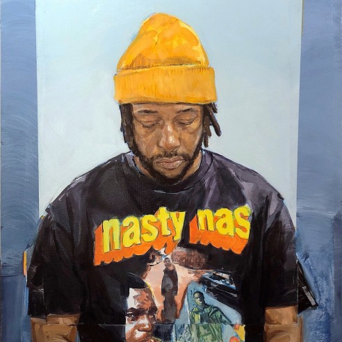 a portrait by James Everett Stanley of a dark-skinned man wearing a "Nasty Nas" t-shirt