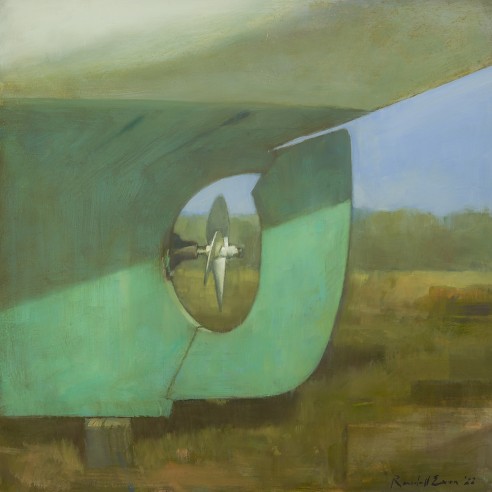 a painting by Randall Exon of a boat's teal rudder, up on jacks, sitting in a field