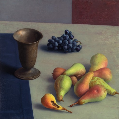a still-life painting by Amy Weiskopf of grapes and small, orange and green pears with an old metal cup on faded green table top