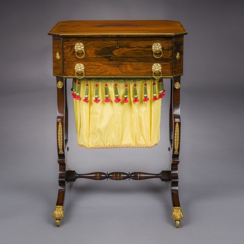 "Neo-Classical Work Table with Lyre Ends," about 1815. Attributed to Thomas Seymour (1771–1848), Boston. Rosewood, with brass line inlay and brass-over-wood baguette moldings, gilt-brass and gilt-bronze and ormolu mounts, toe-caps, and castors, and fabric work bag, 29 3/4 in. high, 20 5/16 in. wide, 16 3/4 in. deep