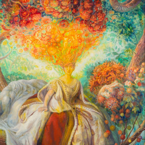 a painting by Julie Heffernan of a woman sitting in a tree over a river whose head is opening and expanding to show a mix of bodies, trees, and flowers