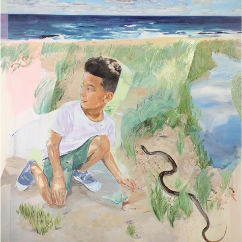 a painting by James Everett Stanley of a dark-skinned boy playing near a snake in fractured landscape of grass, marshland and sea