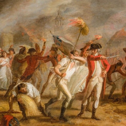 JOHN TRUMBULL (1756–1843), "The Burning of New London," about 1785. Oil on canvas, 14 x 20 in. (detail).