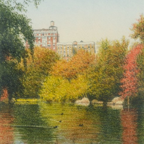 a watercolor painting by Frederick Brosen of the lake in Central Park in autumn