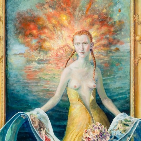 Julie Heffernan (b. 1956), "Self-Portrait with Backwards Dress," 2018-23. Oil on canvas, 60 x 42 in. (detail).