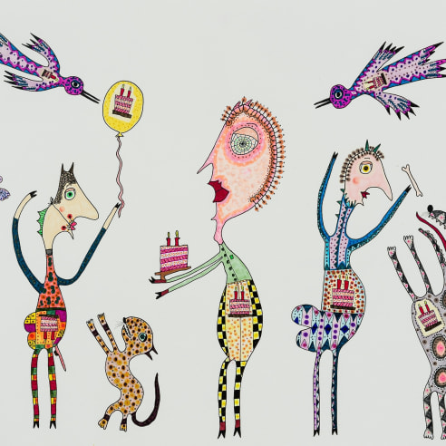 a drawing by self-taught artist Jeanne Brousseau of a people and animals holding and eating birthday cakes