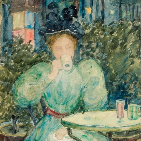 MAURICE PRENDERGAST (1858–1924), "Woman at a Table," about 1893–94. Watercolor on paper, 15 3/16 x 8 3/16 in. (detail).