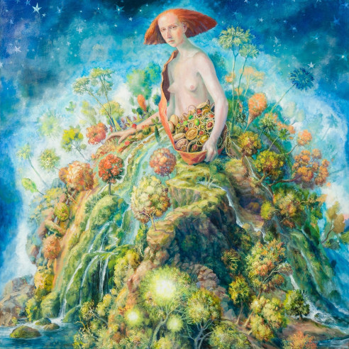 a painting by Julie Heffernan of a woman in the cosmos whose skirt is a landscape full of trees and rivers and waterfalls