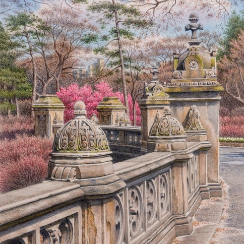 a watercolor painting by Frederick Brosen of the upper level railing by the Bethesda Fountain in Central Park on a warm Spring day