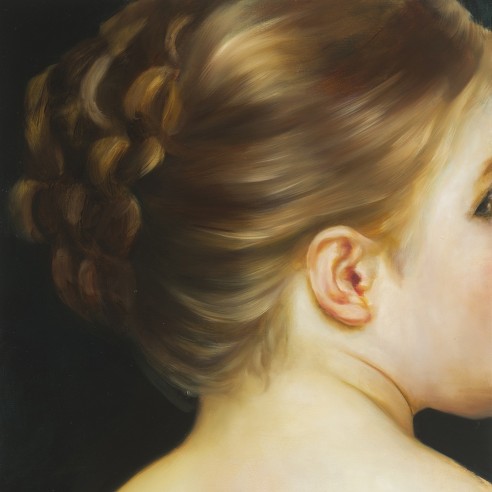 painting of the side of a woman's head with her hair in a bun with a dark-blue background