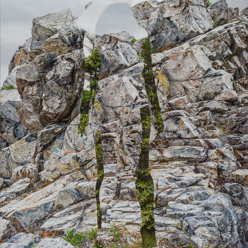 Colin Hunt (b. 1973), Untitled (Gray Rocks), 2023, an egg tempera painting of a woman on the rocks
