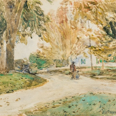 CHILDE HASSAM (1859–1935), "New England Village Street," c. 1891–94. Watercolor on paper, 9 x 11 1/2 in. (detail).