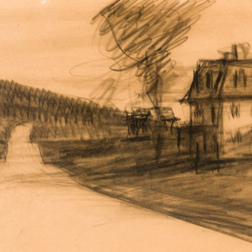 EDWARD HOPPER (1882–1967), "House by a Road," about 1920s–40s. Charcoal on paper, 8 1/2 x 11 in. (detail).