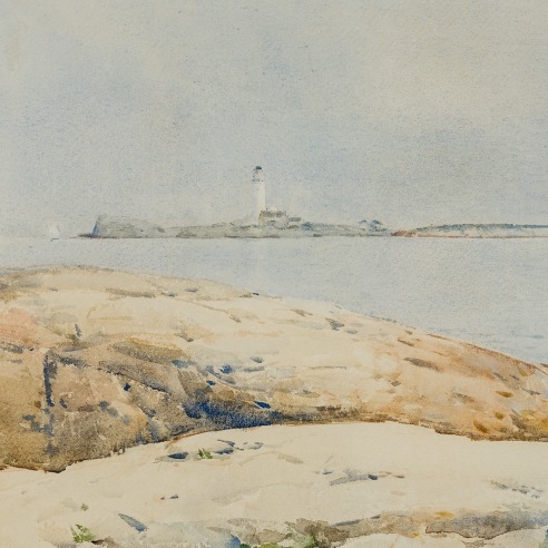 CHILDE HASSAM (1859–1935), "White Island Lighthouse, Isles of Shoals," 1890. Watercolor on paper, 14 x 20 in. (detail).